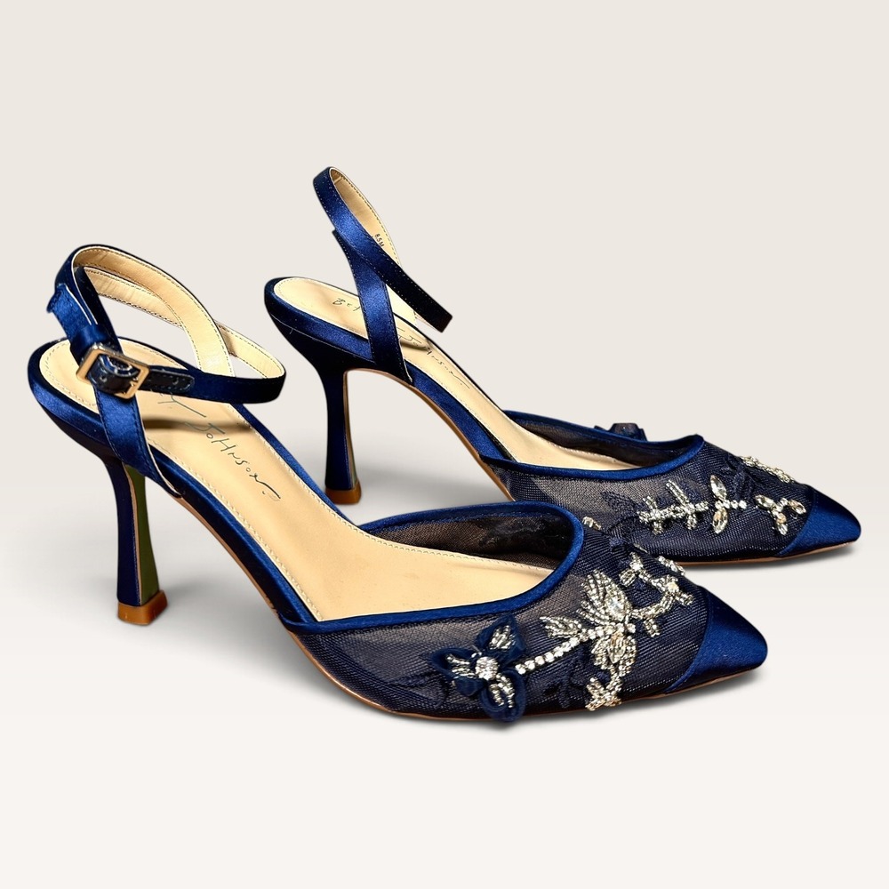Betsey Johnson Micki Crystal Lace Ankle Strap Pump US 8.5 Navy Blue Rhinestone
